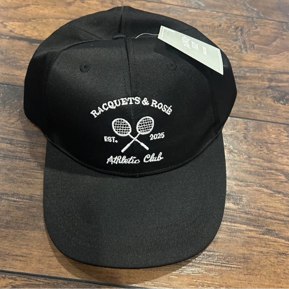 Black Cap with Embroidered Racquets & Rose on front